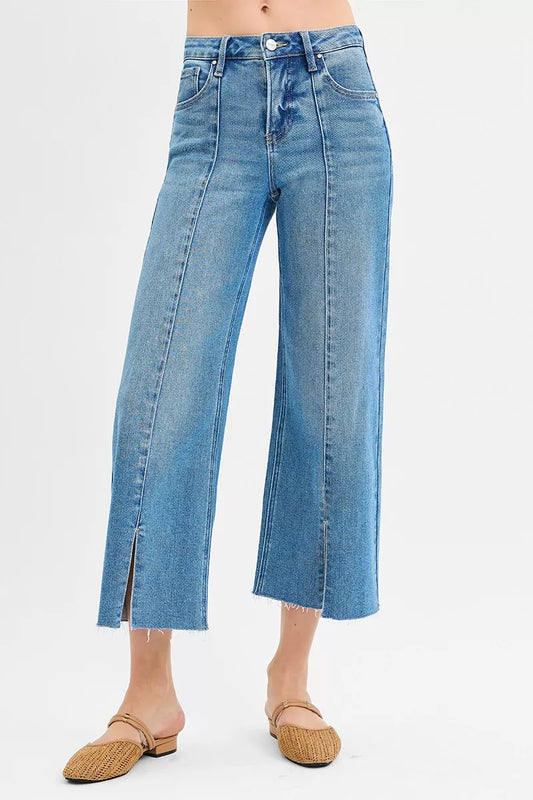 RISEN Tummy Control Mid Rise Crop Wide Front Slit Jeans MEDIUM
