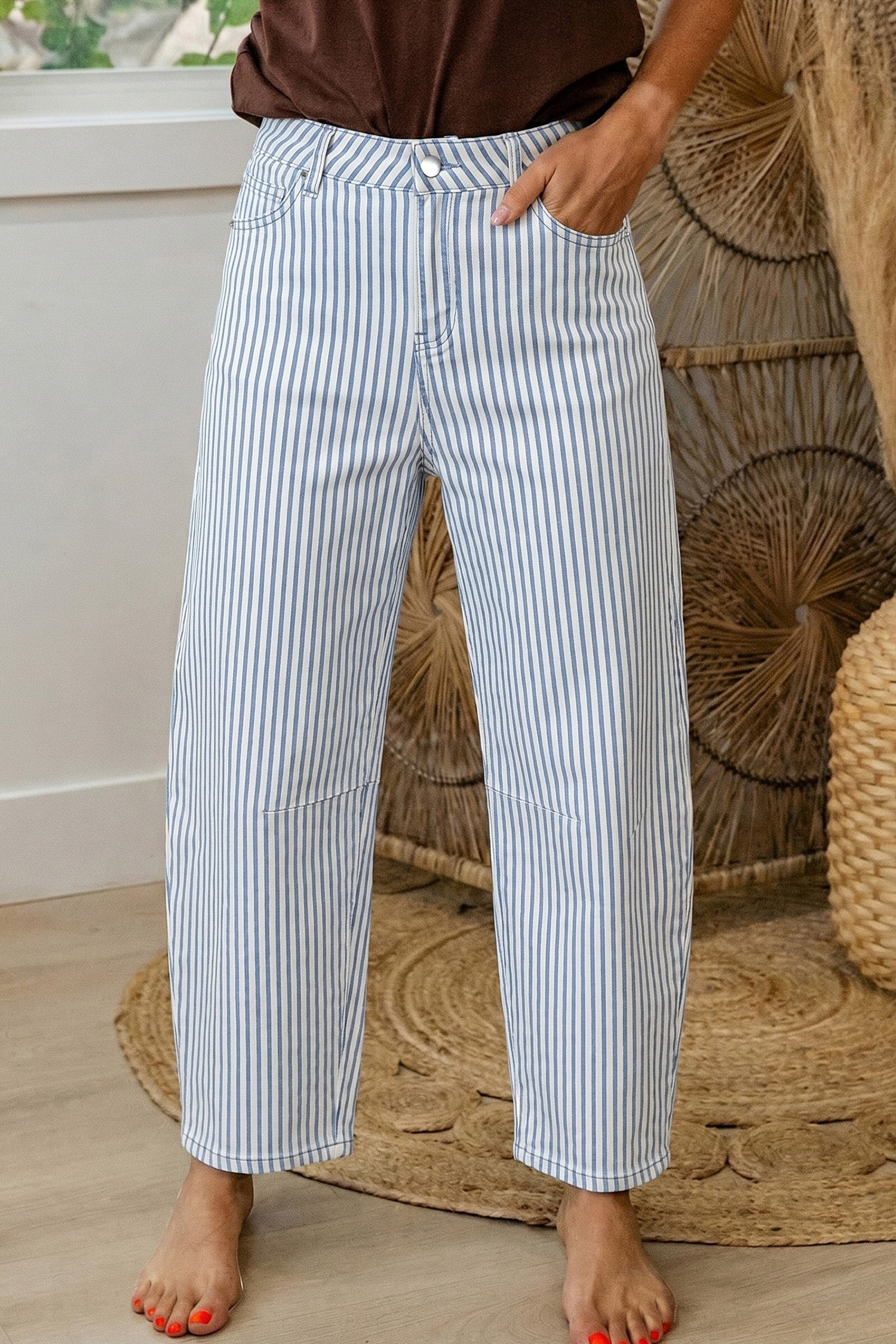 Khaki Stripe Casual Barrel Jeans Sky Blue Stripe 98%Cotton+2%Elastane