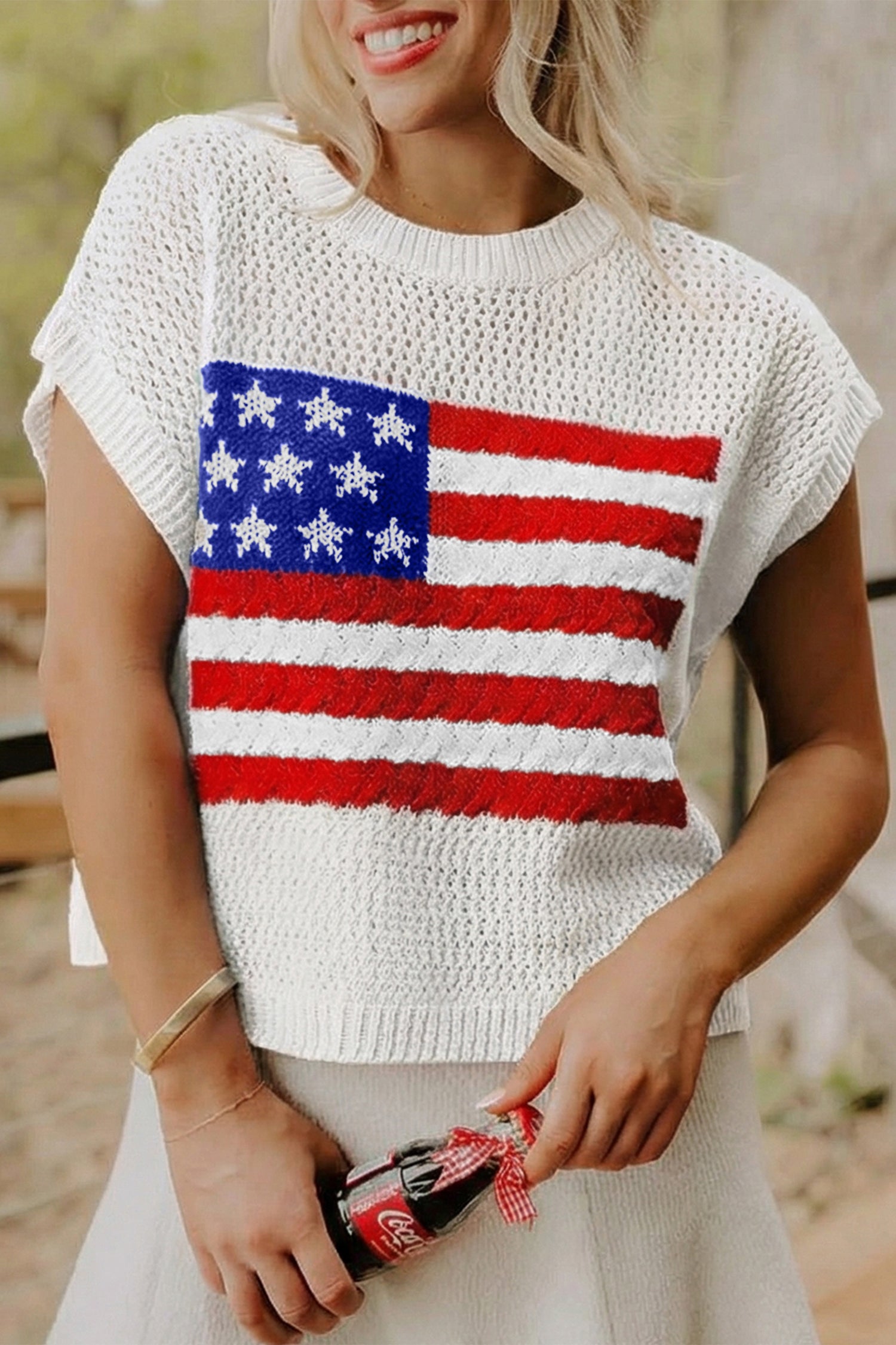 Sky Blue Flag Graphic Short Sleeve Sweater Top White 100%Acrylic