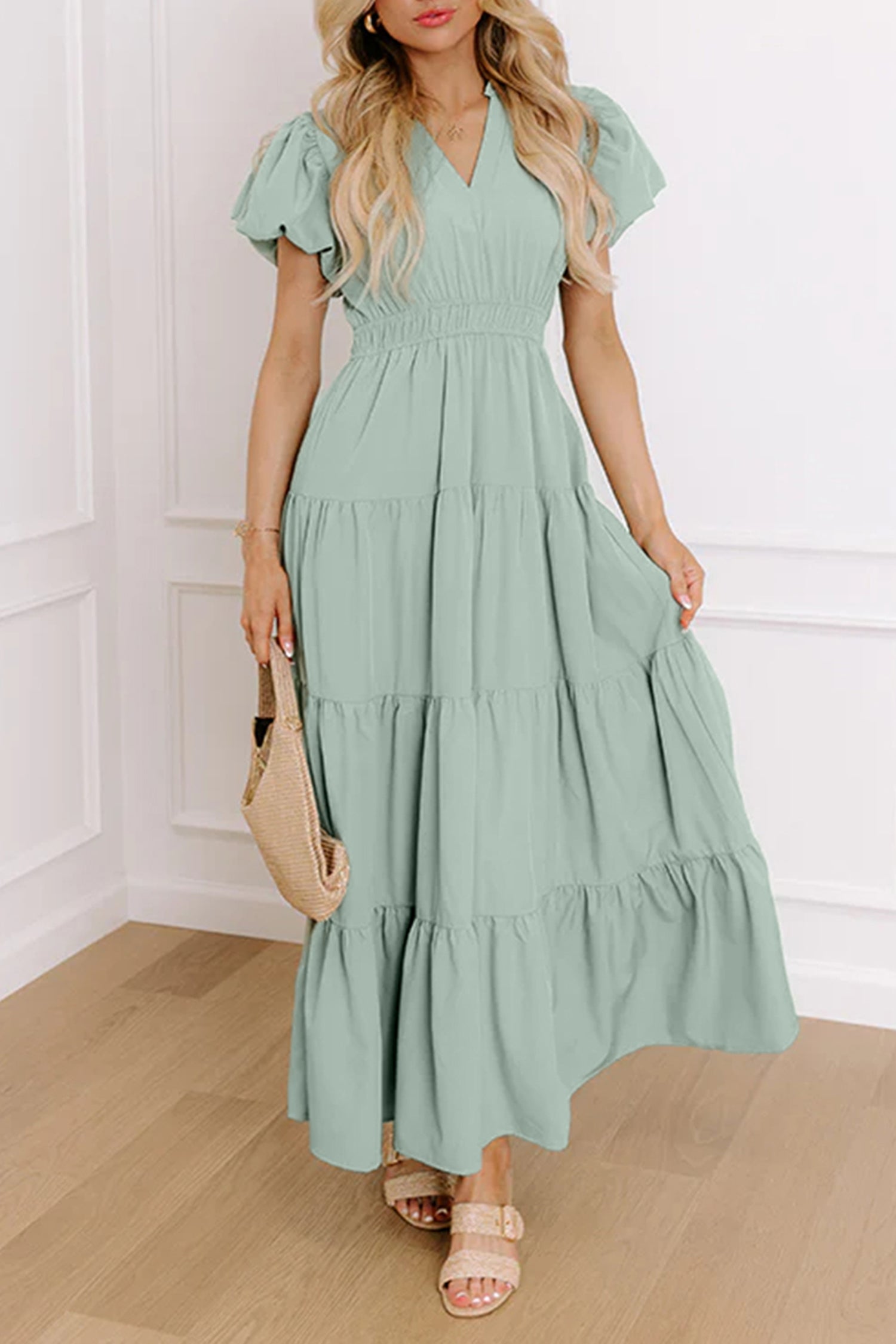 Gossamer Pink Solid Color V Neck Short Puff Sleeve High Waist Tiered Maxi Dress Clearly Aqua 100%Polyester