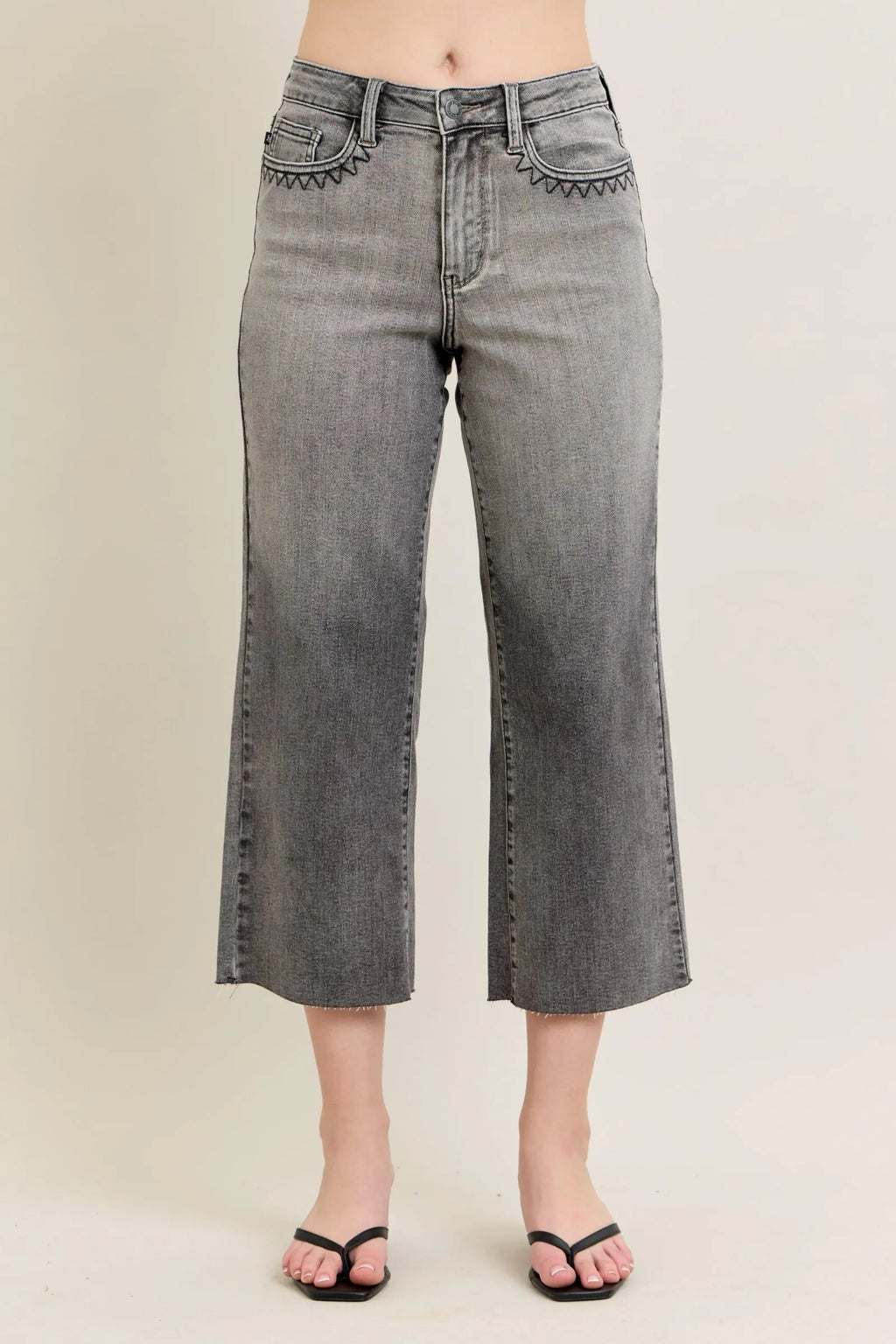 Judy Blue High Waist Vintage Grey Wash & Front Pocket Embroidery Crop Wide Leg Denim Jeans 88949 Gray