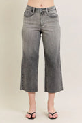 Judy Blue High Waist Vintage Grey Wash & Front Pocket Embroidery Crop Wide Leg Denim Jeans 88949 Gray