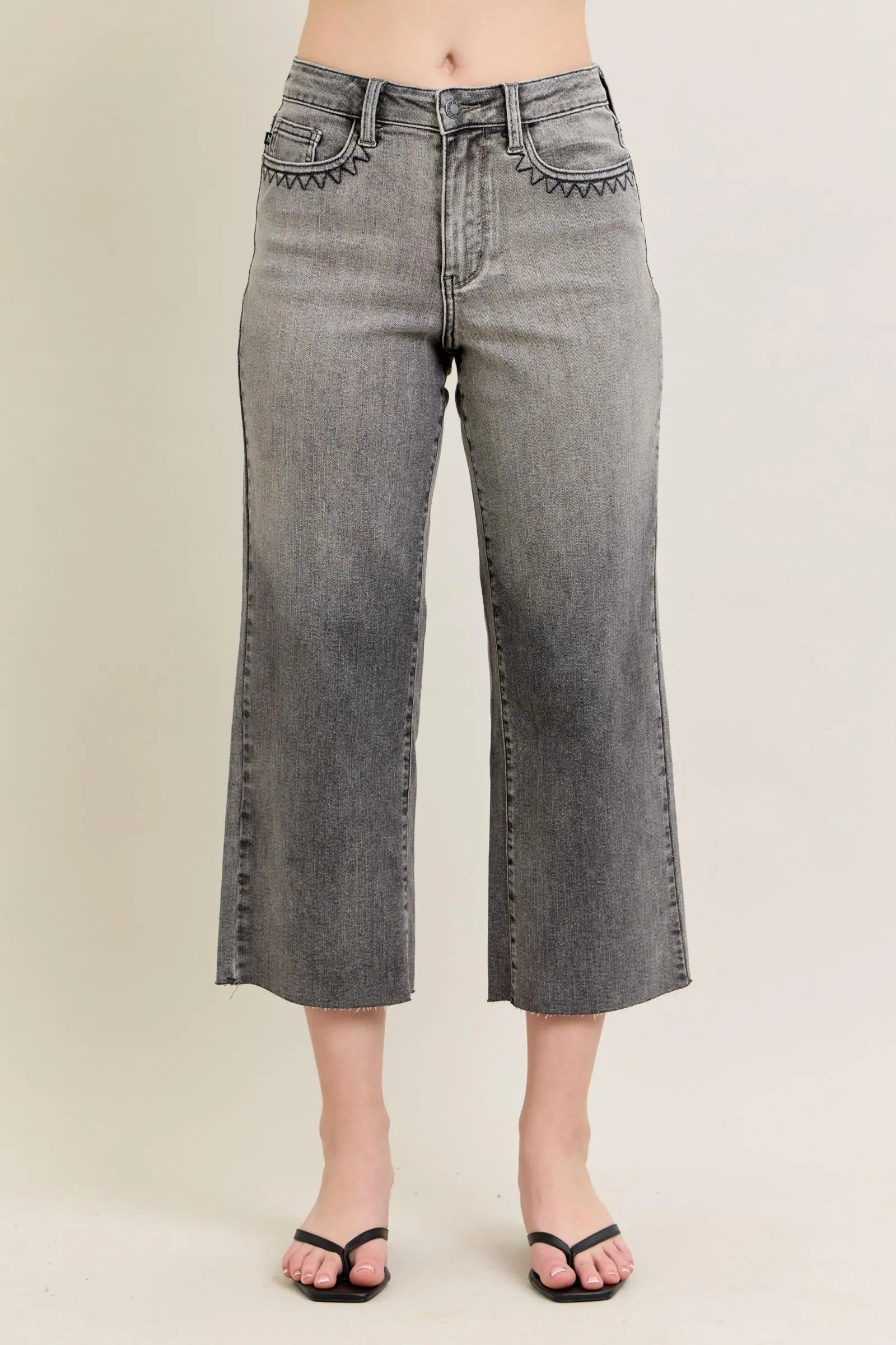 Judy Blue High Waist Vintage Grey Wash & Front Pocket Embroidery Crop Wide Leg Denim Jeans 88949 Gray