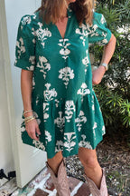 Black Frilled V Neck Puff Short Sleeve Floral Mini Dress