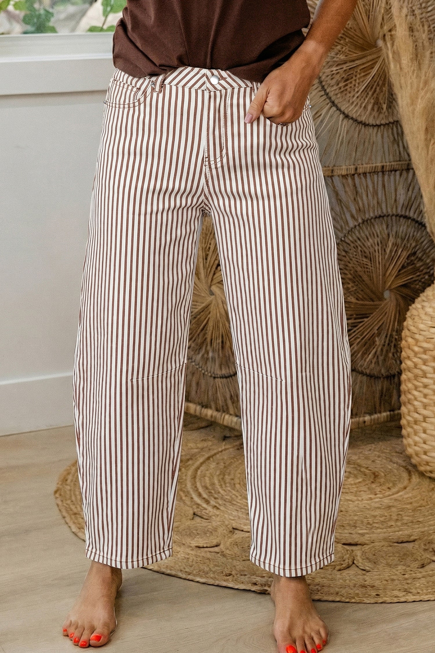 Khaki Stripe Casual Barrel Jeans Brown Stripe 98%Cotton+2%Elastane