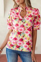 Pink Floral Frilled V Neck Puff Short Sleeve Blouse