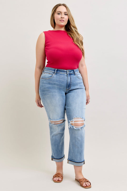 Judy Blue Mid Rise Destroyed Cuffed Boyfriend Denim Jeans 82688