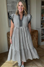 Black Stripe Double Ruffled Short Sleeve Contrast Trim V Neck Midi Dress