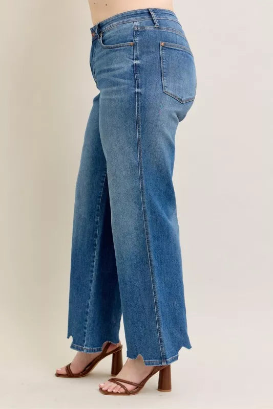 Judy Blue High Waist Tummy Control Chew Hem Destroy Wide Jeans 88932