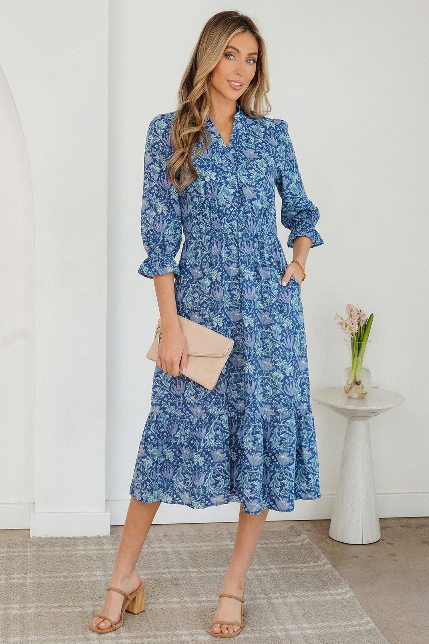 Sky Blue Floral Printed Frilled V Neck Bracelet Sleeve Long Dress Sky Blue 55%Cotton+45%Viscose