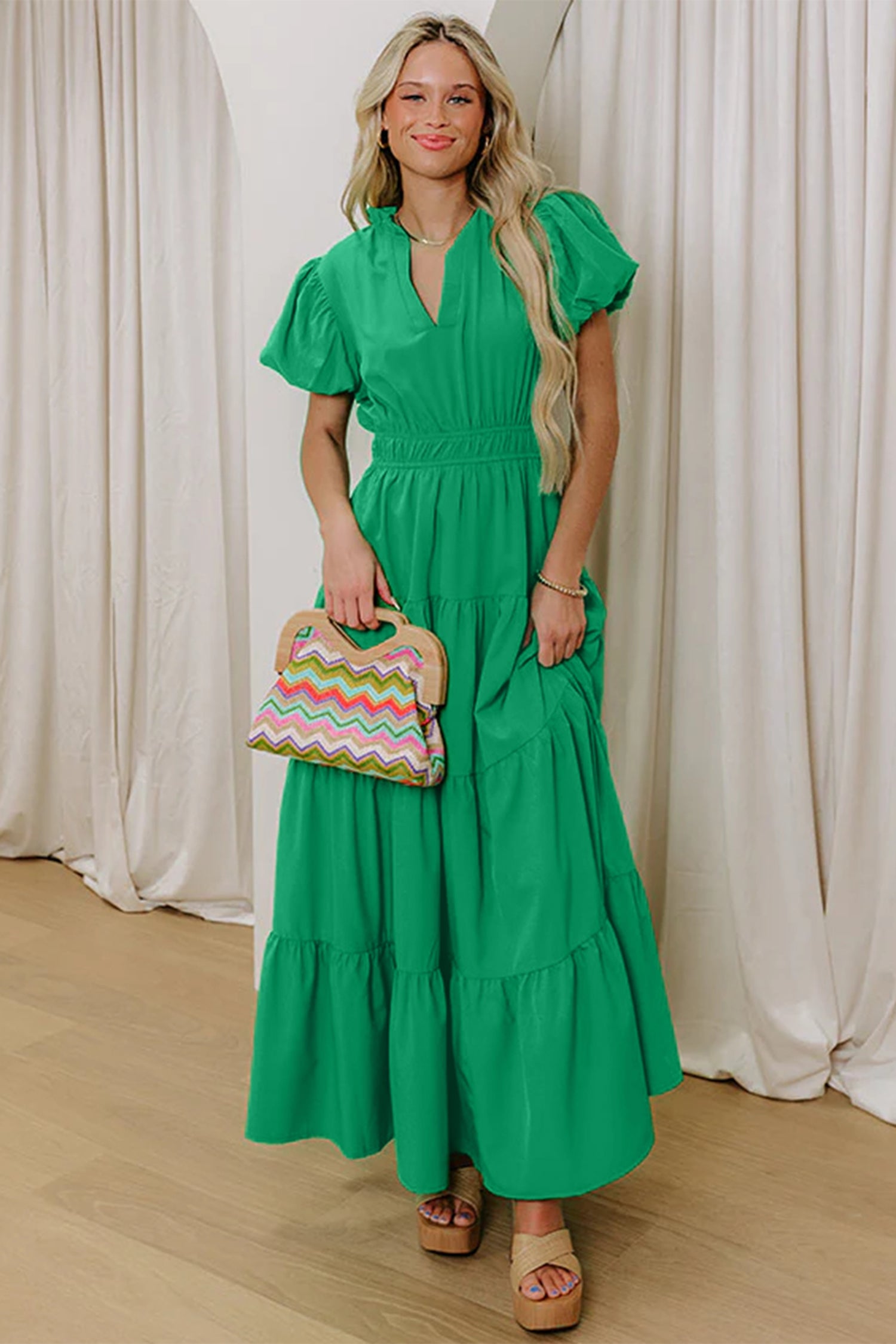 Gossamer Pink Solid Color V Neck Short Puff Sleeve High Waist Tiered Maxi Dress
