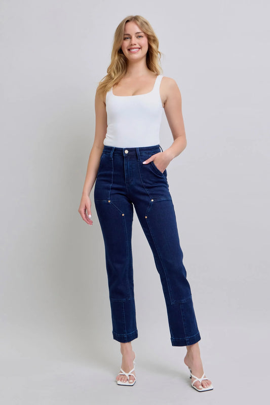 Judy Blue Vintage Horizon High Rise Work Wear Utility Dark Wash Straight Leg Jeans 88918 DK