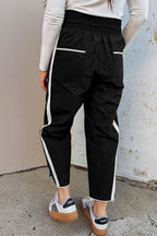 Bright Green Contrast Striped Smocked Waist Drawstring Cropped Casual Pants