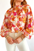 Orange Floral Print Pearl Button Keyhole Long Puff Sleeve Blouse Orange 81%Viscose+19%Polyamide