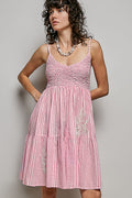 POL Striped Smocked Embroidered Mini Dress PINK MULTI