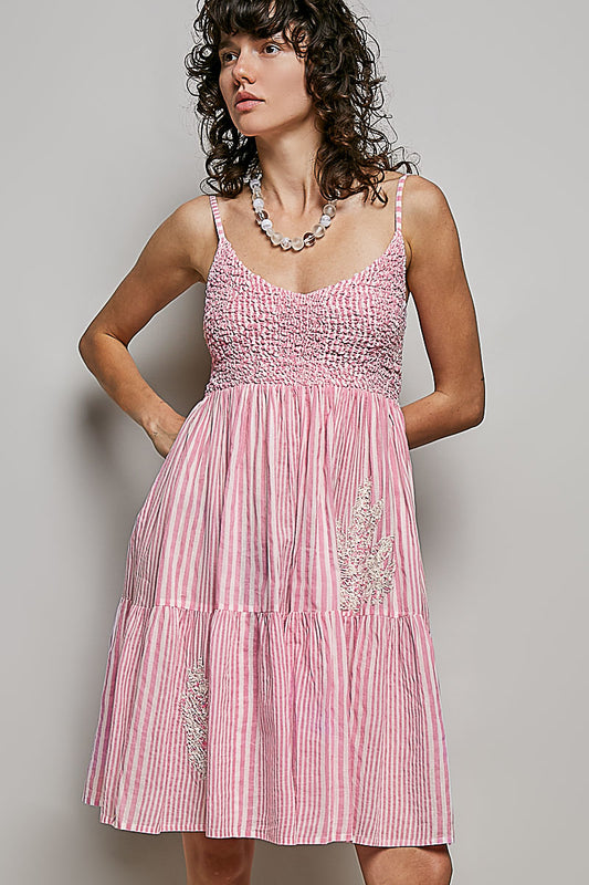 POL Striped Smocked Embroidered Mini Dress PINK MULTI