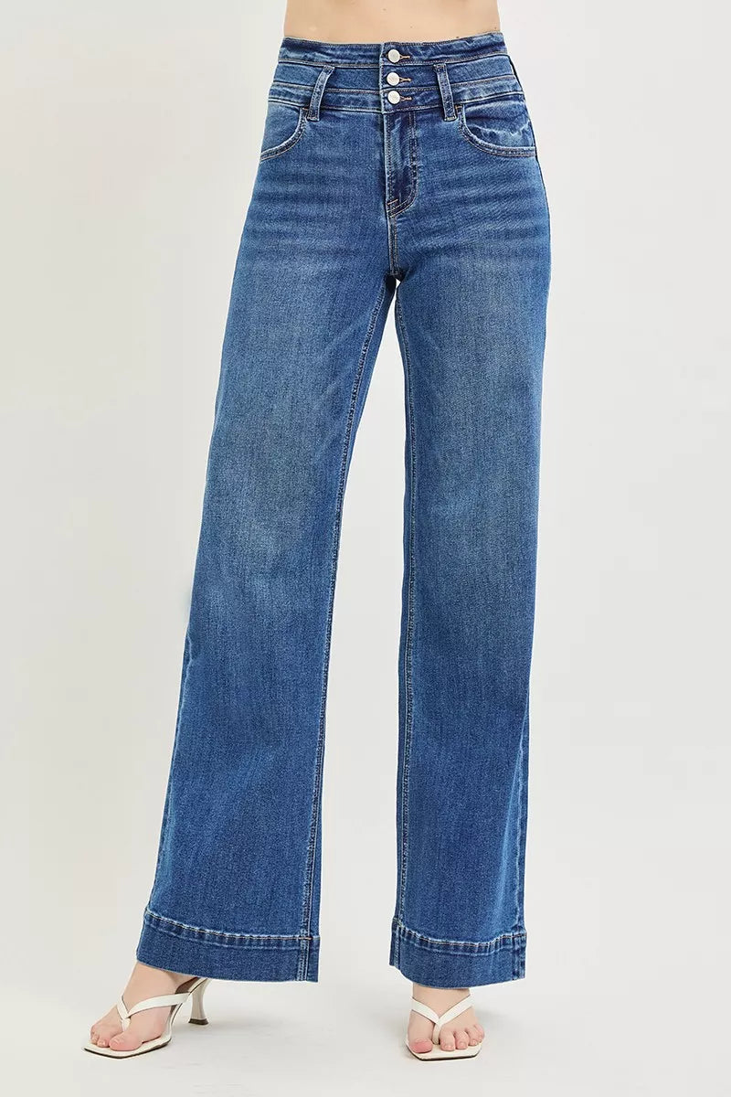 RISEN High Rise Wide Leg Wide Band Detail Jeans Dark
