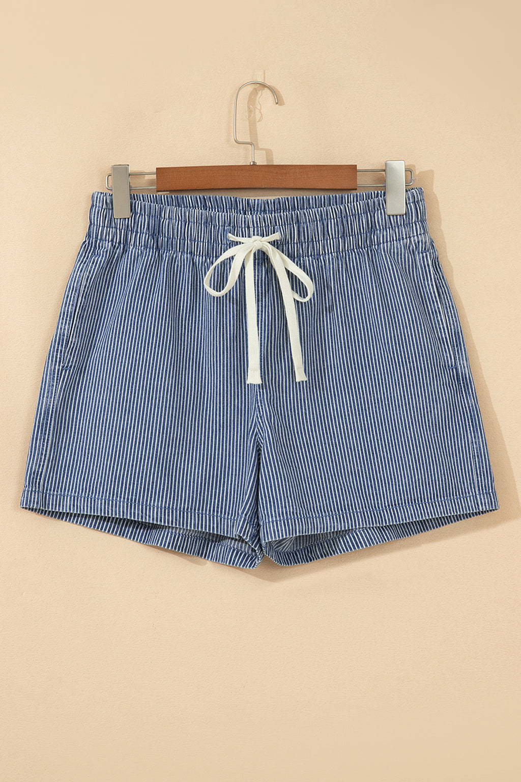 Sky Blue Stripe Drawstring Elastic Waist Casual Denim Shorts