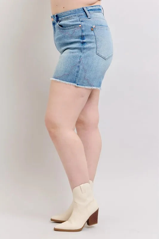 Judy Blue Full Size High Waist Western Embroidery Detail Cut Off Denim Shorts Plus Size