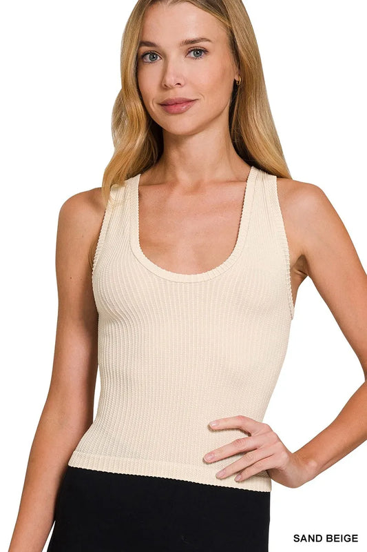 Zenana Ribbed Seamless Crop Tank SAND BEIGE