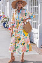 Multicolour Floral Doodle Print Striped Trim V Neck Midi Dress