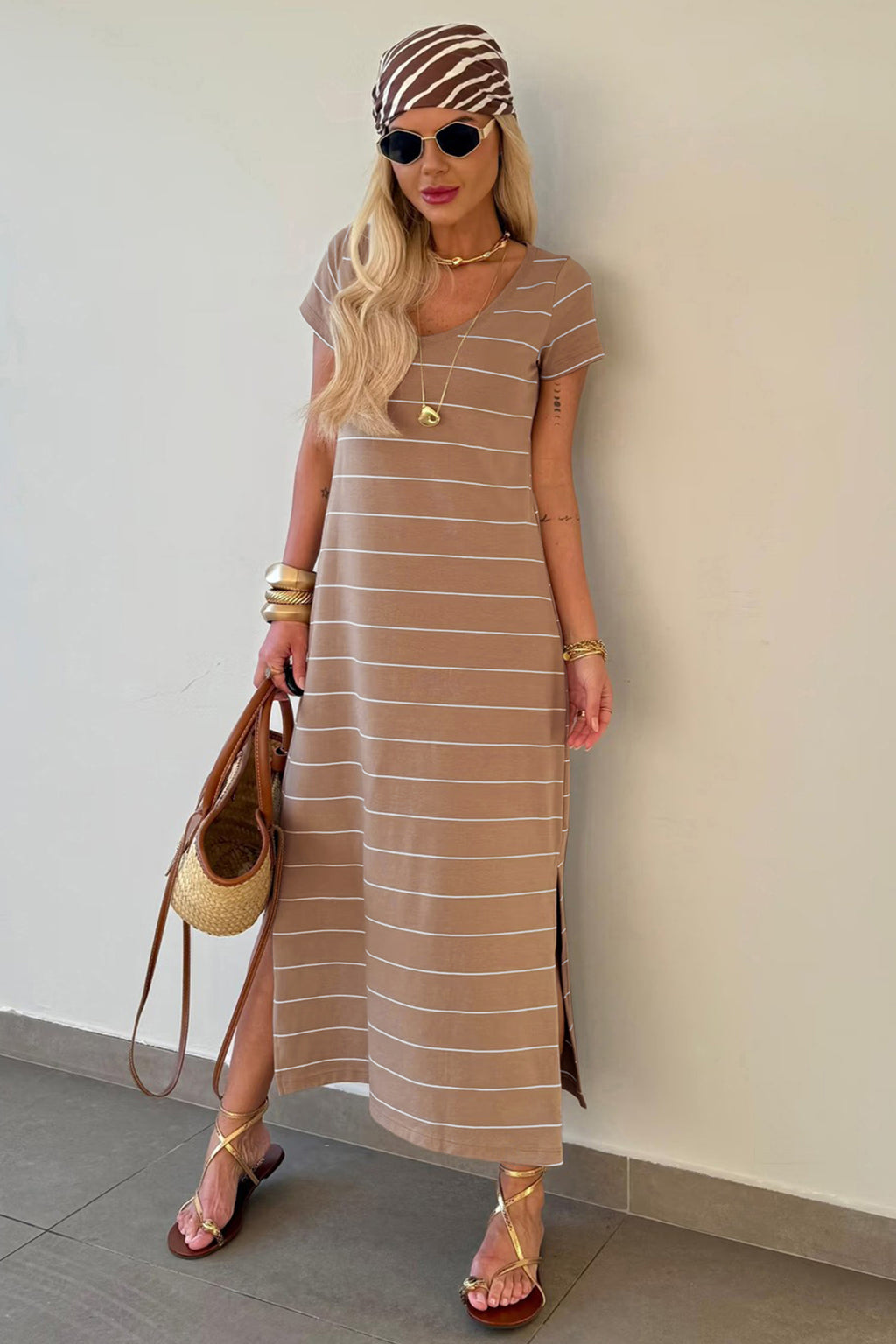 Black Stripe Casual Short Sleeve Side Slit Maxi T Shirt Dress