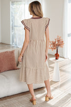 Black Stripe Double Ruffled Short Sleeve Contrast Trim V Neck Midi Dress