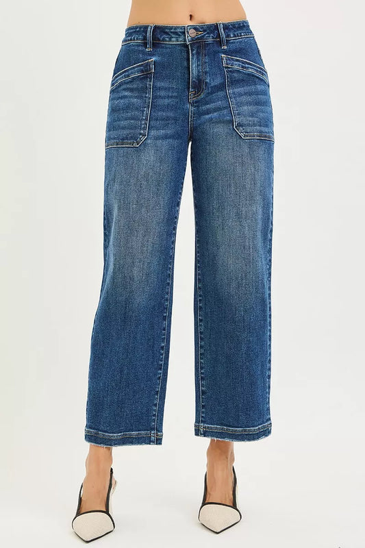 RISEN Slouchy Cropped Baggy Jeans with Front Patch Pocket DARK