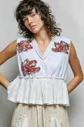 POL Floral Patch Ruffled Sleeveless Top with Raw Edge Detail OFF WHITE