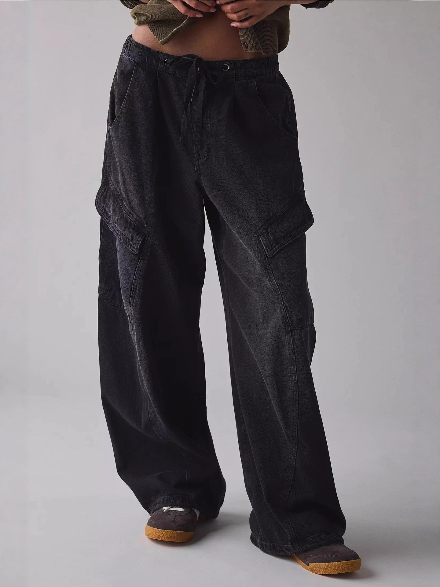 Drawstring Waist Cargo Jeans Black