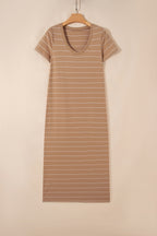 Black Stripe Casual Short Sleeve Side Slit Maxi T Shirt Dress