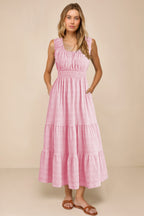Apricot Shirred Pleated Square Neck Sleeveless Midi Dress