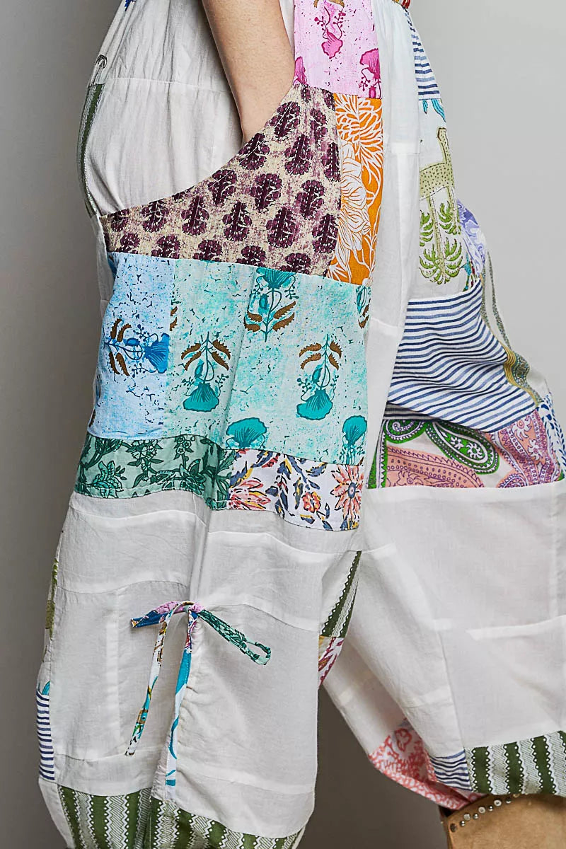POL Printed Patchwork Wide Leg Pants with Adjustable Side Drawstring