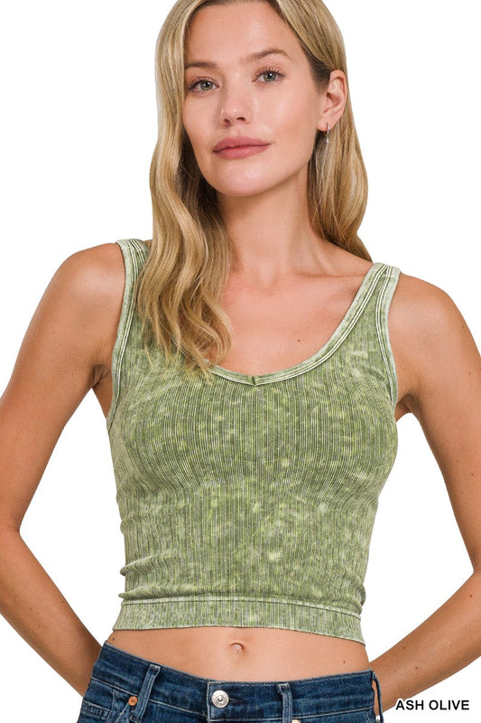 Zenana Washed Ribbed Seamless Cropped V-neck Tank Top ASH OLIVE