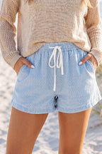 Sky Blue Stripe Drawstring Elastic Waist Casual Denim Shorts Sky Blue Stripe 85%Cotton+15%Polyester
