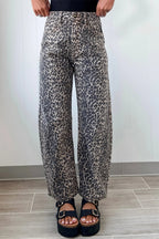 Black Leopard Print High Waist Barrel Jeans Black 60%Polyester+35%Cotton+5%Elastane
