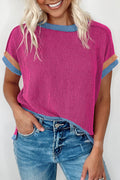 Bright Pink Textured Contrast Trim Round Neck T Shirt Bright Pink 75%Polyester+20%Viscose+5%Elastane
