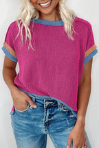 Bright Pink Textured Contrast Trim Round Neck T Shirt Bright Pink 75%Polyester+20%Viscose+5%Elastane