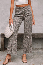 Brown Leopard Frayed Edge Wide Leg High Waist Jeans Brown 65%Cotton+33%Polyester+2%Elastane