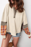 Beige Waffle Stripe Plaid Patchwork Henley Knit Top Beige 75%Polyester+25%Cotton