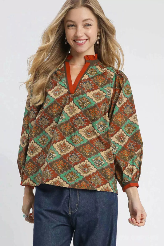 Umgee Abstract Print Ruffle Neck Top TEAL GREEN MIX