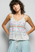 POL Printed Contrast Button Down Cami with Trim Detail and Blanket Stitch CREAM BLUE