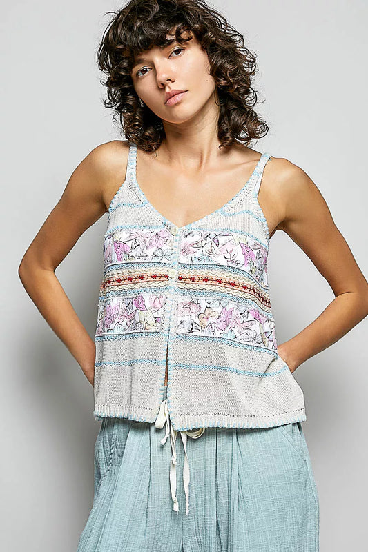 POL Printed Contrast Button Down Cami with Trim Detail and Blanket Stitch CREAM BLUE