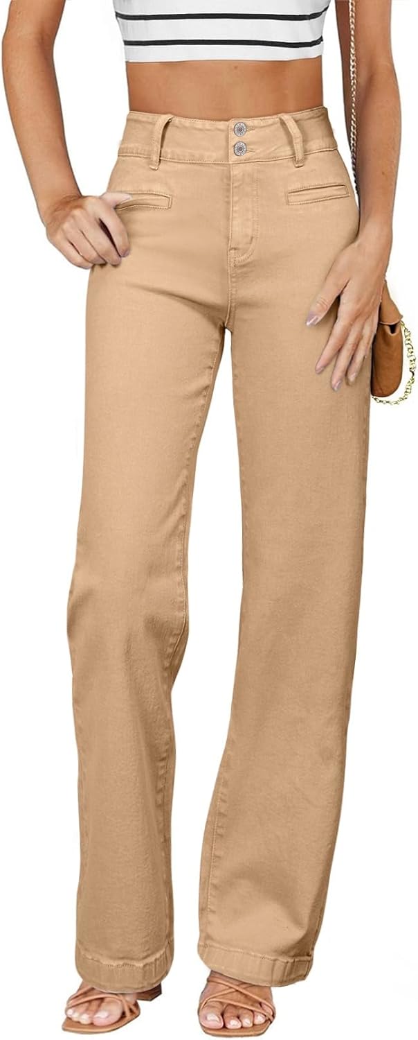 Sidefeel Women's Jeans High Waisted Straight Leg Stretchy Jeans Trendy Loose Wide Leg Zimbaplatinum Denim Pants with Pockets Khaki
