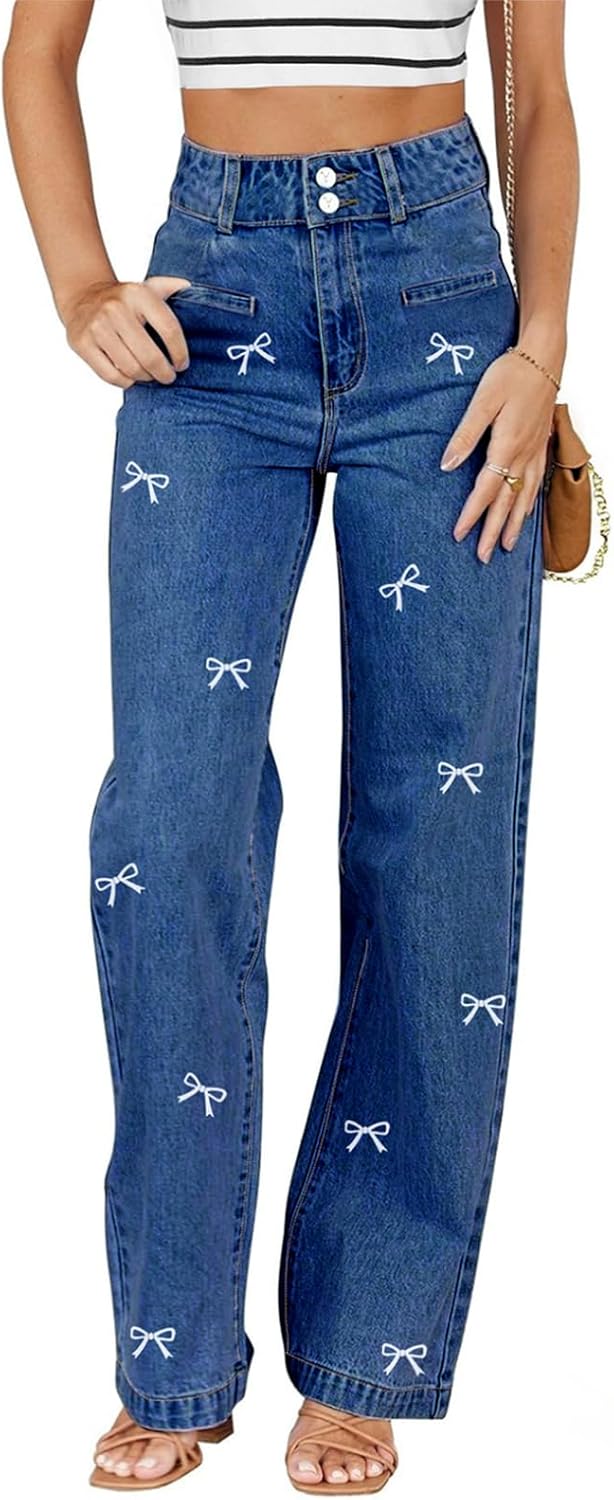 Sidefeel Women's Jeans High Waisted Straight Leg Stretchy Jeans Trendy Loose Wide Leg Zimbaplatinum Denim Pants with Pockets U Blue