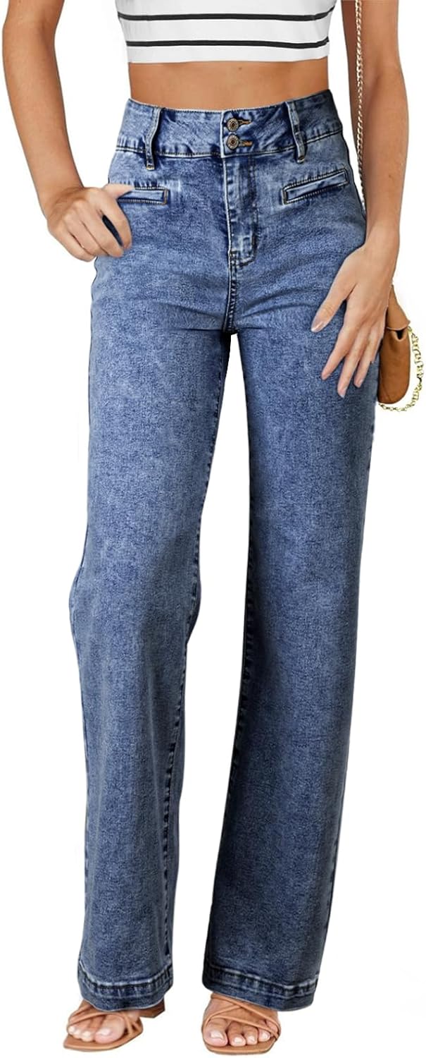 Sidefeel Women's Jeans High Waisted Straight Leg Stretchy Jeans Trendy Loose Wide Leg Zimbaplatinum Denim Pants with Pockets