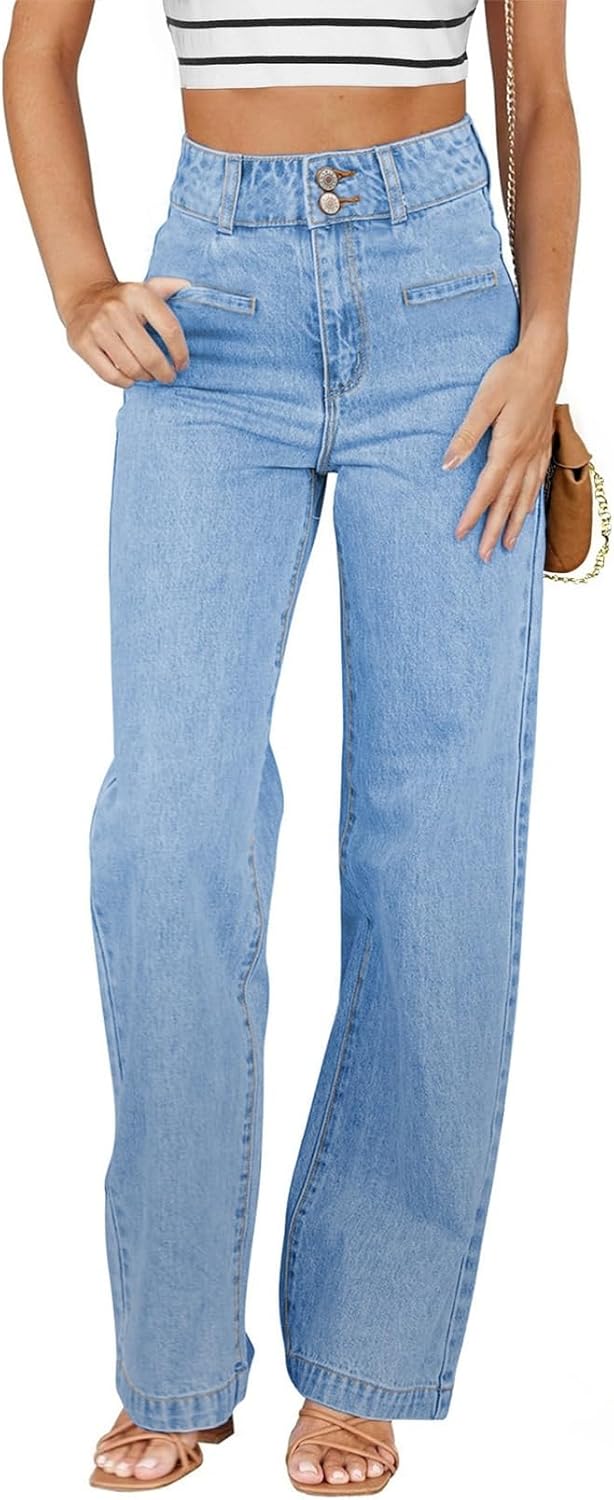 Sidefeel Women's Jeans High Waisted Straight Leg Stretchy Jeans Trendy Loose Wide Leg Zimbaplatinum Denim Pants with Pockets Iceland Blue
