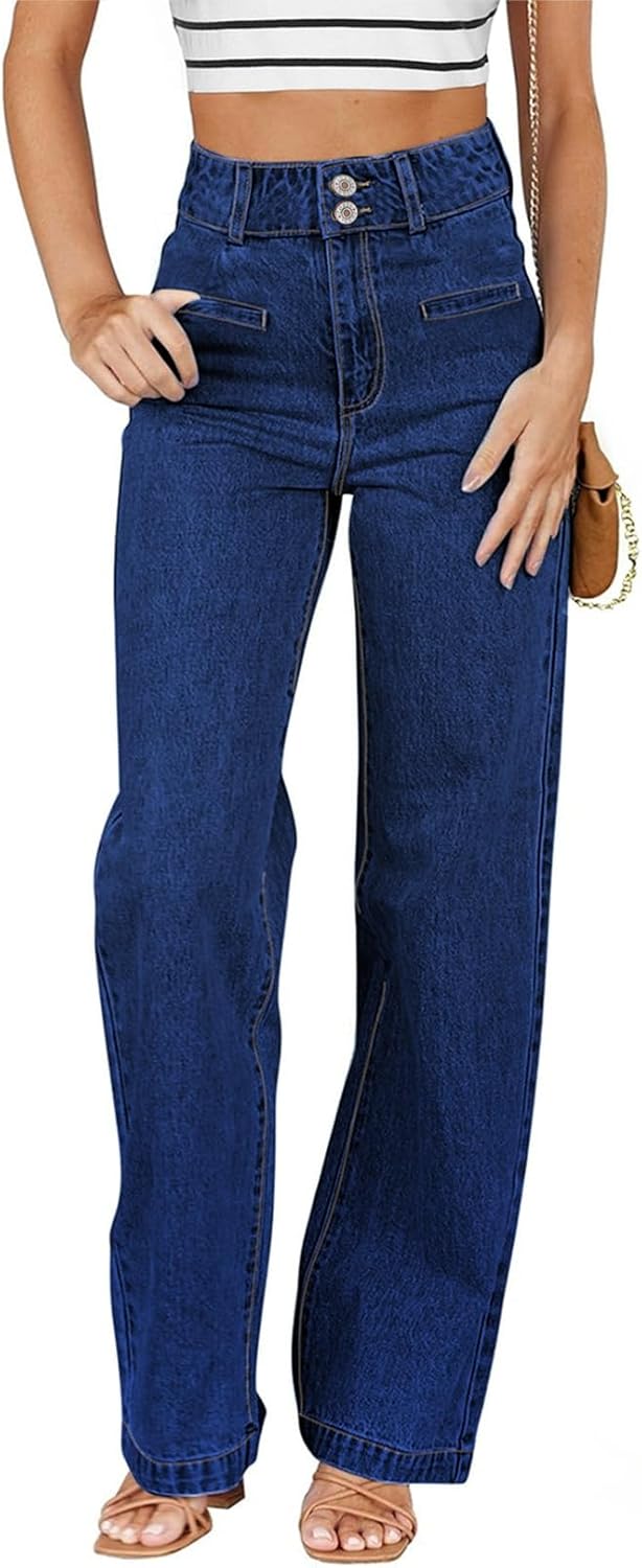 Sidefeel Women's Jeans High Waisted Straight Leg Stretchy Jeans Trendy Loose Wide Leg Zimbaplatinum Denim Pants with Pockets Navy Blue