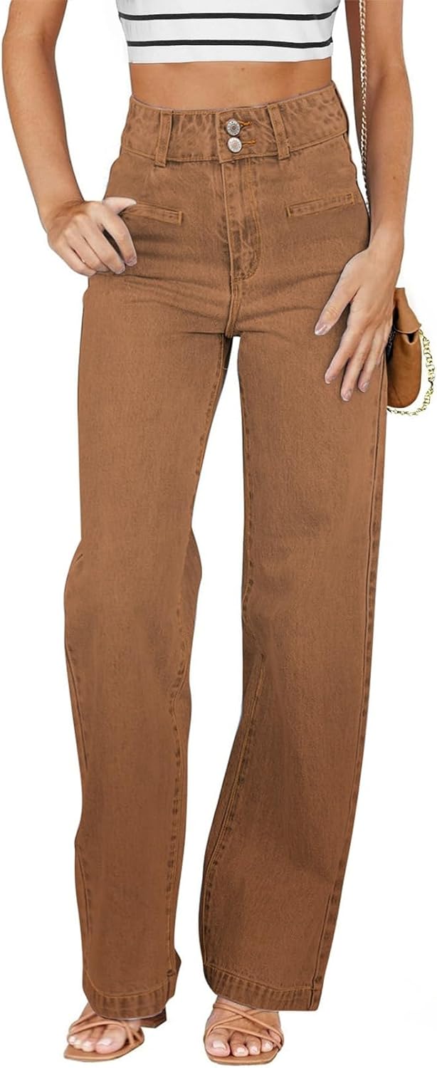 Sidefeel Women's Jeans High Waisted Straight Leg Stretchy Jeans Trendy Loose Wide Leg Zimbaplatinum Denim Pants with Pockets Brown