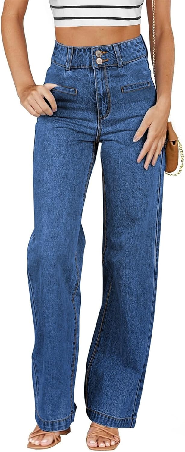 Sidefeel Women's Jeans High Waisted Straight Leg Stretchy Jeans Trendy Loose Wide Leg Zimbaplatinum Denim Pants with Pockets